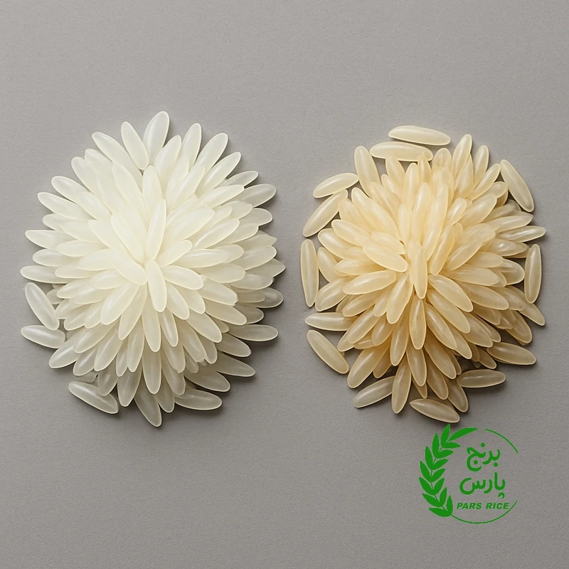 نمای نزدیک تفاوت شفافیت و ترک‌های مویی در برنج تازه و کهنه