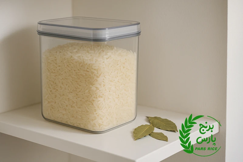 نگهداری برنج در ظرف درب‌محکم روی قفسه با فاصله از زمین و دیوار