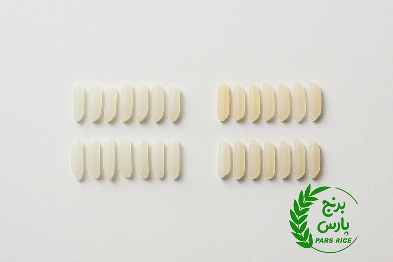 مقایسهٔ شفافیت دانه‌های برنج تازه و کهنه روی زمینه سفید