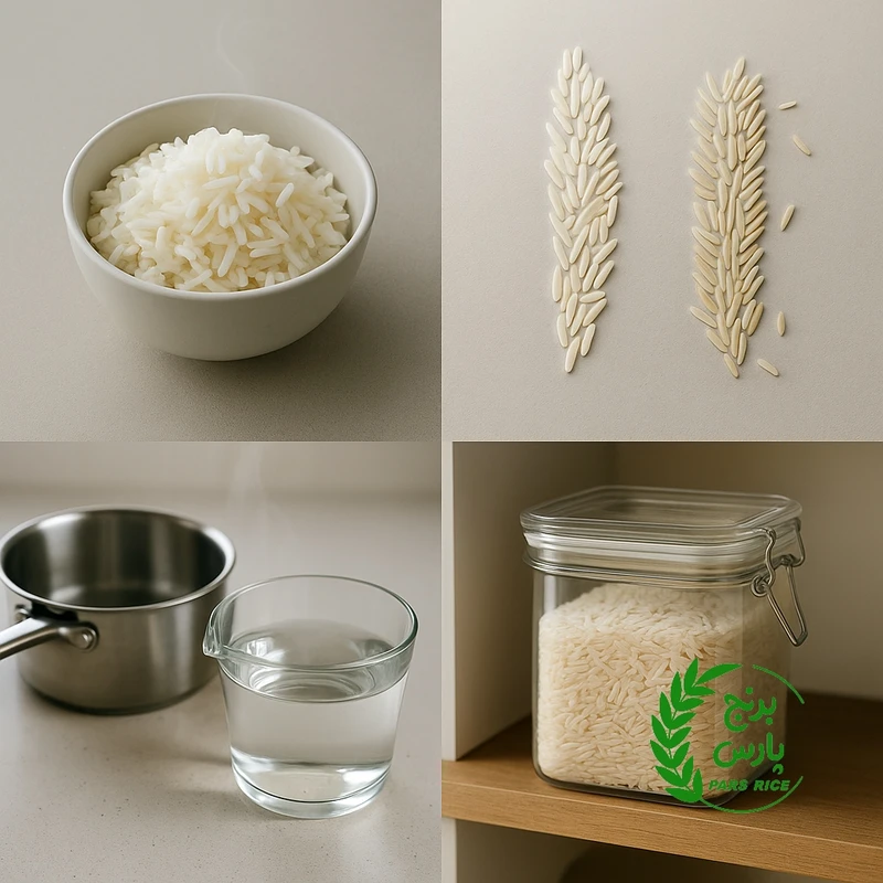 چهار تصویر نمادین از عطر، قدکشی، نسبت آب و انبارداری برنج