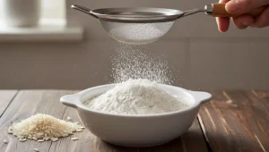 آرد برنج خانگی تازه در کاسه با الک ریز