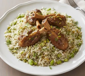 نمایی از باقالی پلو با گوشتِ مجلسی با قدکش بلند و رگههای زعفران