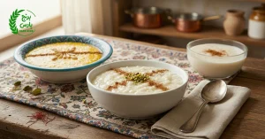 سه دسر ایرانی شیر برنج، شلهزرد و فرنی در کاسههای شیک روی میز، بهعنوان دسرهای بر پایه برنج