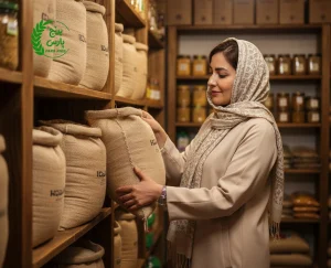 تصویر یک خانم ایرانی در فروشگاه که در حال انتخاب کیسه برنج مناسب برای مهمانی است
