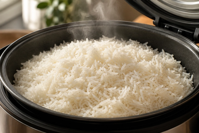 برنج ایرانی دانه بلند و دانه دانه پخته شده داخل پلوپز