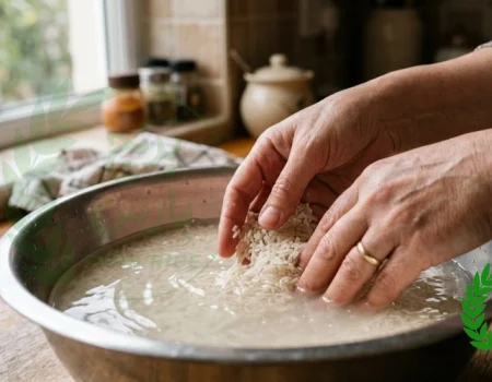 شستن ملایم برنج ایرانی در ظرف بزرگ قبل از پخت